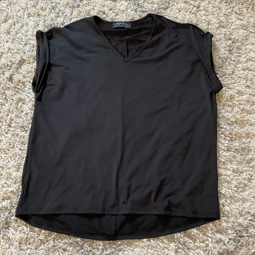 Brigitte Brianna Womens Black V-Neck Rolled Cap Sleeve High Low Top Made in USA